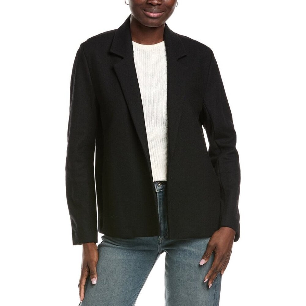 Eileen Fisher Womens Black Wool Blazer Notched Collar Open Front Pockets size M
